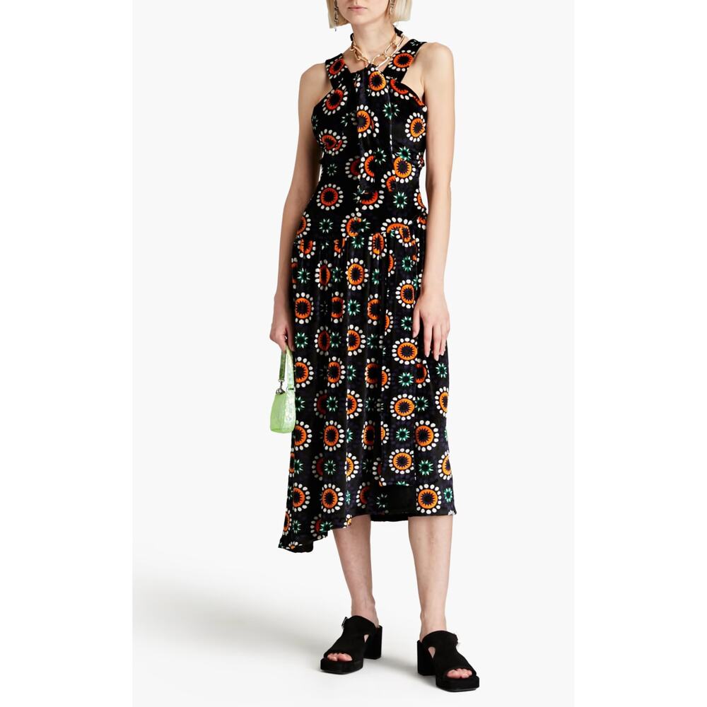 B51 Paco Rabanne Floral Velvet Midi Dress 8 Gold Chain Halter Flowy Cocktail
